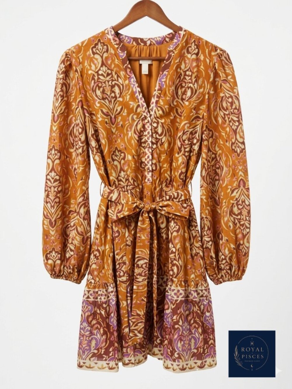 Adrianna Papell Rust Brown & Purple Paisley Metallic Mini Dress